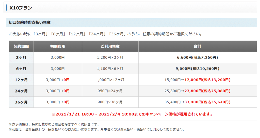 エックスサーバーx10価格表