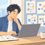 ノートPCの横の壁にチートシートが貼られ、男性がメモを見ながらコードを書いているイラスト