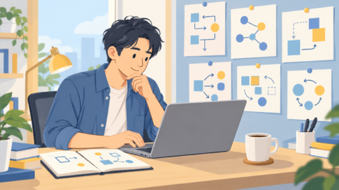 ノートPCの横の壁にチートシートが貼られ、男性がメモを見ながらコードを書いているイラスト