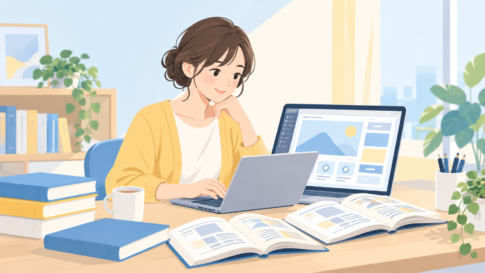 机に技術書が並び、女性がノートPCでWebサイトを作りながら本を開いているイラスト