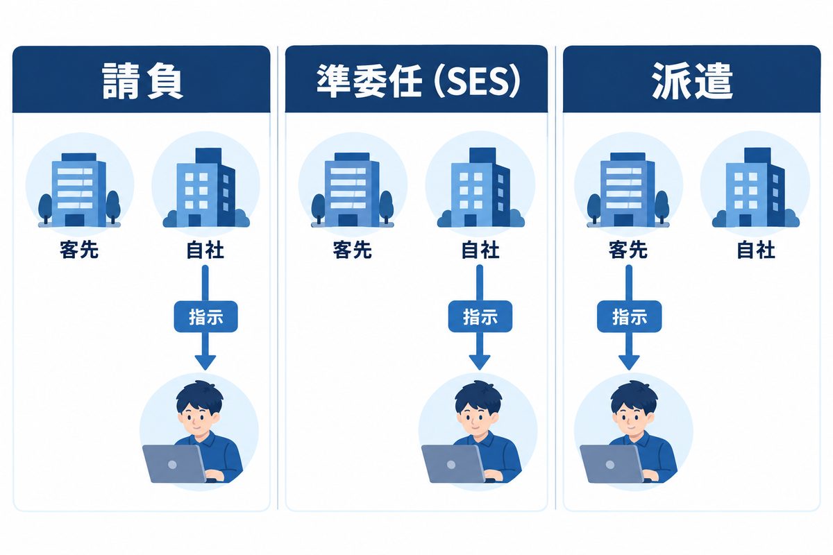 請負・準委任(SES)・派遣の指揮命令の違いを示した図